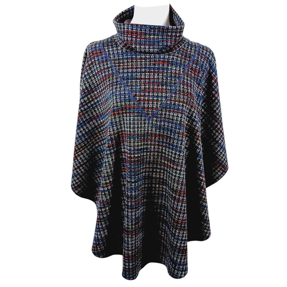 PURE essence Poncho, Denim Blue/Red/Gray, Cowl Neck, Size XL/TG, Layering Piece